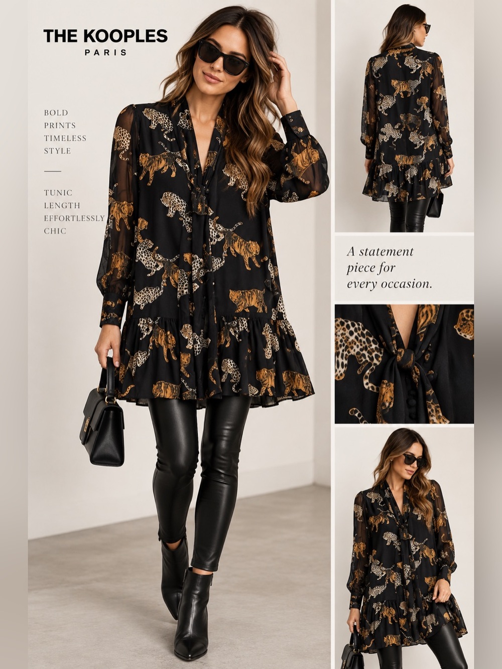 The Kooples NWT Black Tiger Leopard Print Tie Neck Tunic Blouse Size 4